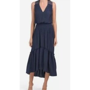 Ramy Brook Samantha Navy Blue Sleeveless Crochet High Low Midi Dress Large